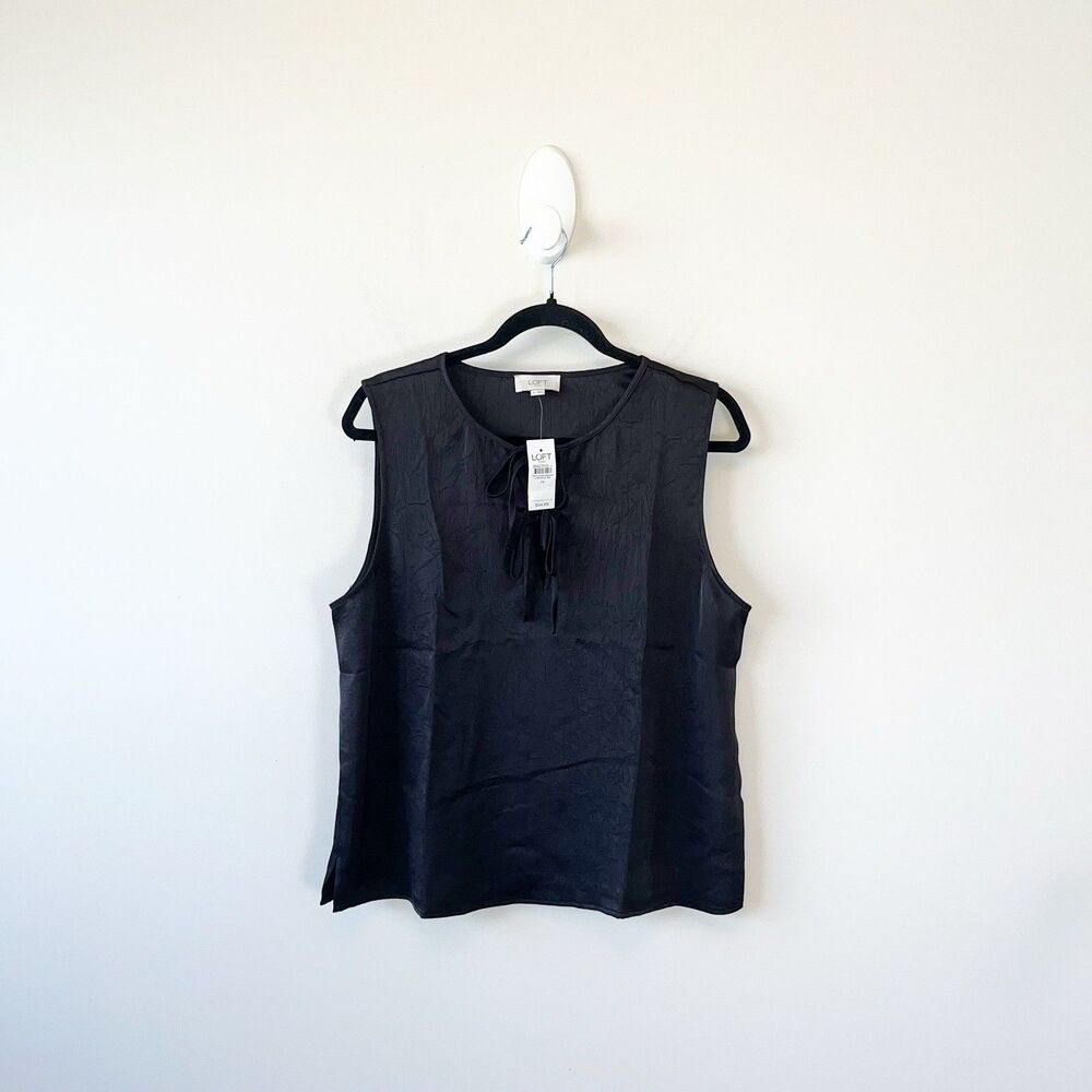 Loft Ann Taylor Double Tie Neck Key Hole Satin Shell Tank Top Black  Medium NWTs